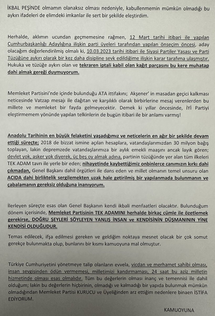 Memleket Partisinden İSTİFA açıklamamdır.👎
