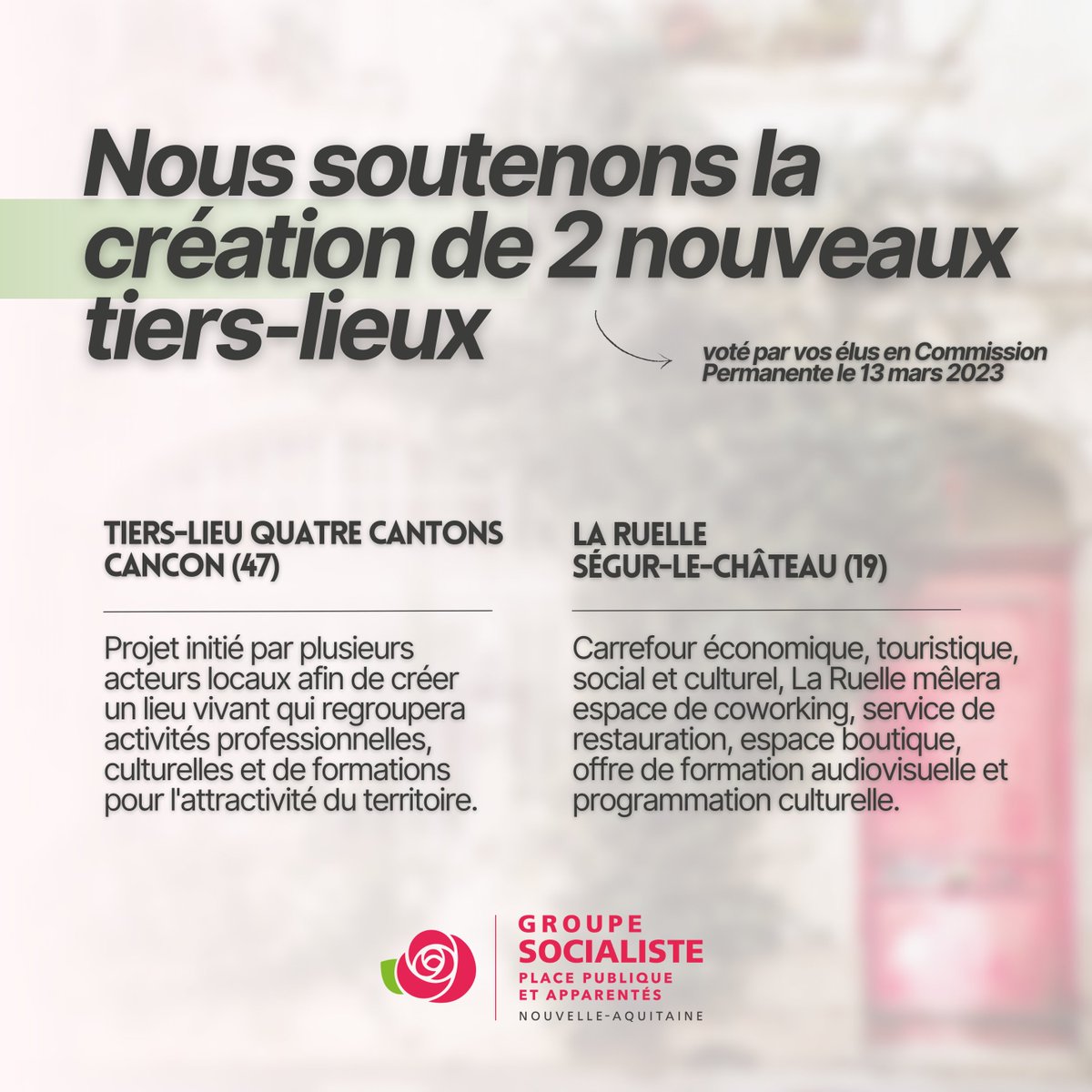 <a href="/NvelleAquitaine/">Nouvelle-Aquitaine</a> <a href="/al_rousset/">Alain Rousset</a> <a href="/MartinePinville/">Martine Pinville</a> <a href="/EricSargiacomo/">Eric Sargiacomo</a> <a href="/AndreaBrouille/">Andréa Brouille</a> <a href="/laurencerouede/">Rouede Laurence</a> @renaudlagrave <a href="/PhilippeNauche/">Philippe Nauche</a> <a href="/CaruhelMaud/">Maud Caruhel</a> <a href="/karinedesroses/">Desroses Karine</a> @CharlineClaveau <a href="/CharpenelFrdri1/">Charpenel Frédérique</a> <a href="/CharreEmmanuel/">Emmanuel Charre</a> <a href="/fmesnard/">Françoise Mesnard</a> <a href="/TrousselleY/">Yves Trousselle</a> <a href="/BernardUthurry/">Bernard UTHURRY</a> <a href="/HazouardMathieu/">Mathieu Hazouard</a> <a href="/cchassagne79/">chassagne christelle</a> <a href="/MichelDurrieu/">Michel Durrieu</a> <a href="/LafforeSandrine/">Sandrine Laffore</a> <a href="/nicolaplaton/">nicolas platon</a> Avec plus de 300 tiers-lieux, la <a href="/NvelleAquitaine/">Nouvelle-Aquitaine</a> joue un rôle de leader au plan national.

Les tiers-lieux participent à l’attractivité des territoires.
Nous poursuivons la politique engagée et soutenons aujourd’hui la création de deux nouveaux espaces en Dordogne et en Corrèze.