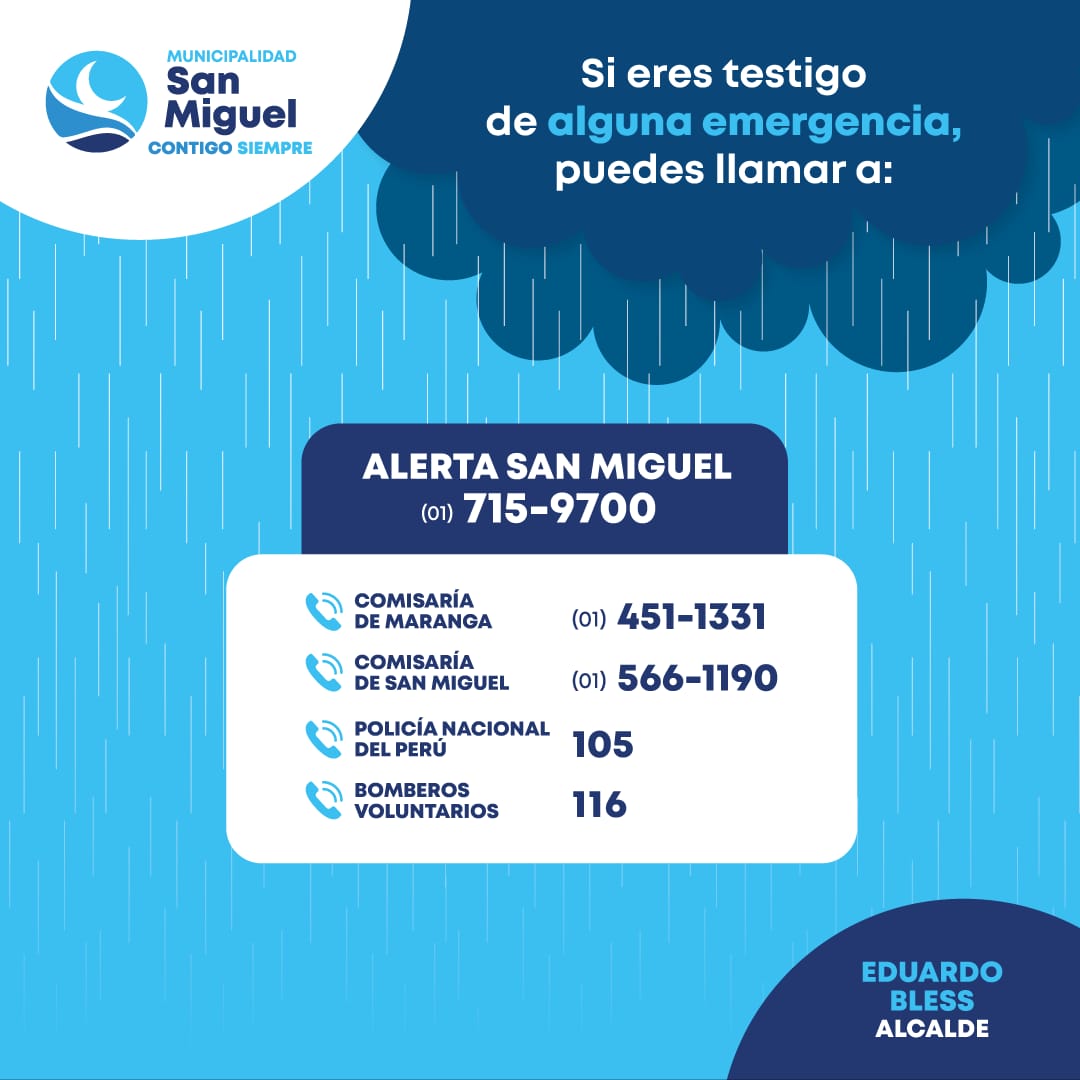 MuniSanMiguelPE's tweet photo. 🚨En San Miguel estamos alertas. 
Ante el anuncio de SENAMHI sobre las intensas lluvias en Lima Metropolitana, la Municipalidad de San Miguel hace las siguientes recomendaciones a sus vecinos.
👇🏻 https://t.co/52oYyQ5OD0