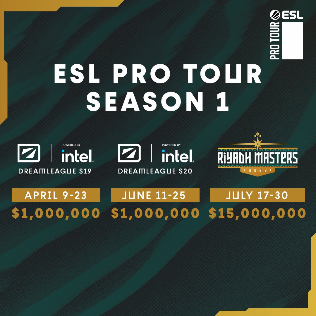 EWC_EN's tweet photo. It's not just the prize pool on the line.

Top teams from DreamLeague Season 19 &amp; 20 will qualify directly for this year's #RiyadhMasters in Dota 2!

ESL Pro Tour's Season 1 championship event will take place in Riyadh, Saudi Arabia on July 17-30! https://t.co/NlJU4k4AtD