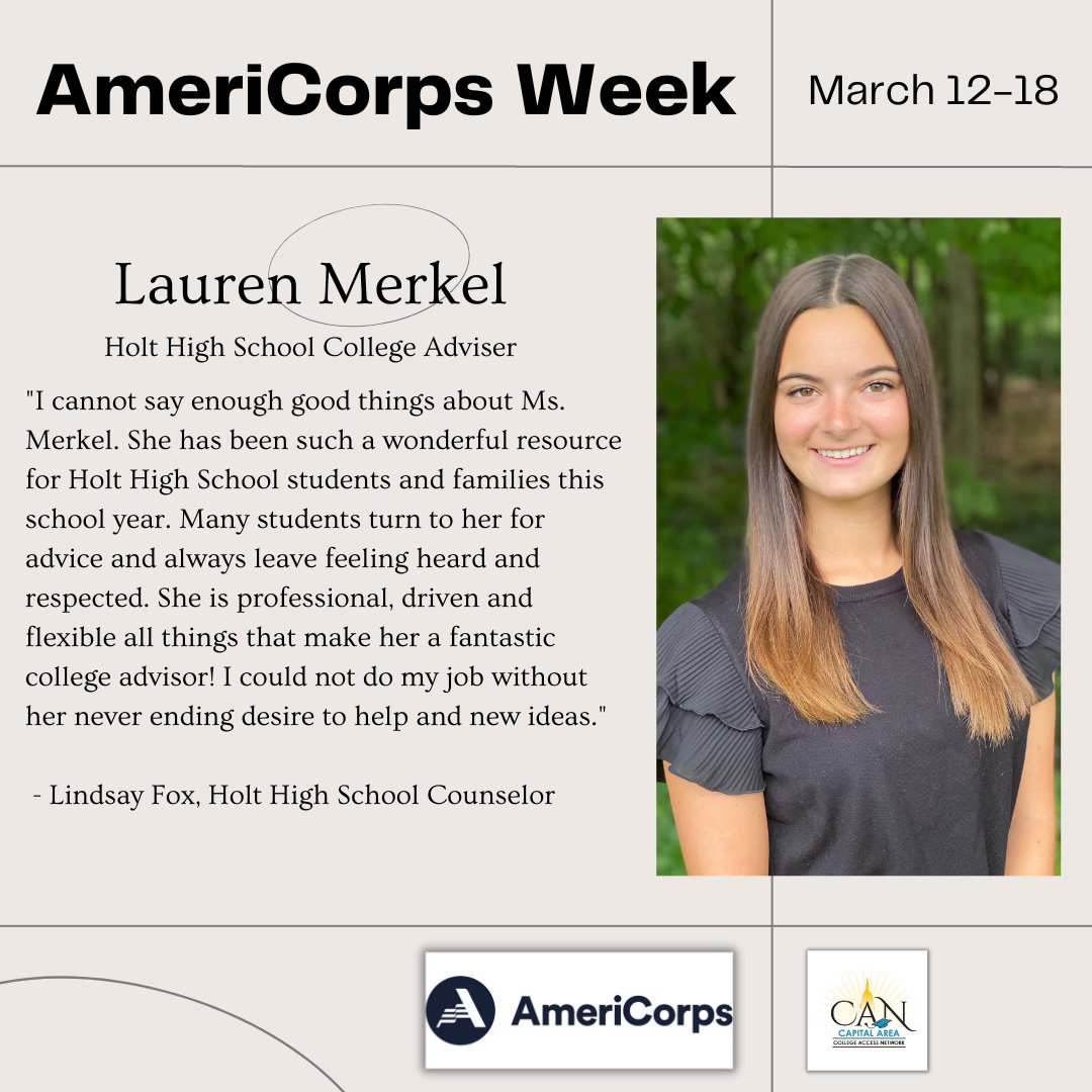 CapitalAreaCAN's tweet photo. Today marks the beginning of @AmeriCorps Week! We've asked the supervisors at each host site to share some kind words about our AmeriCorps members. Thank you for all you do! @msu_cac @Holt_HS @lansingsd #AmeriCorpsWeek #MIACWeek https://t.co/vyPwgGyCBI