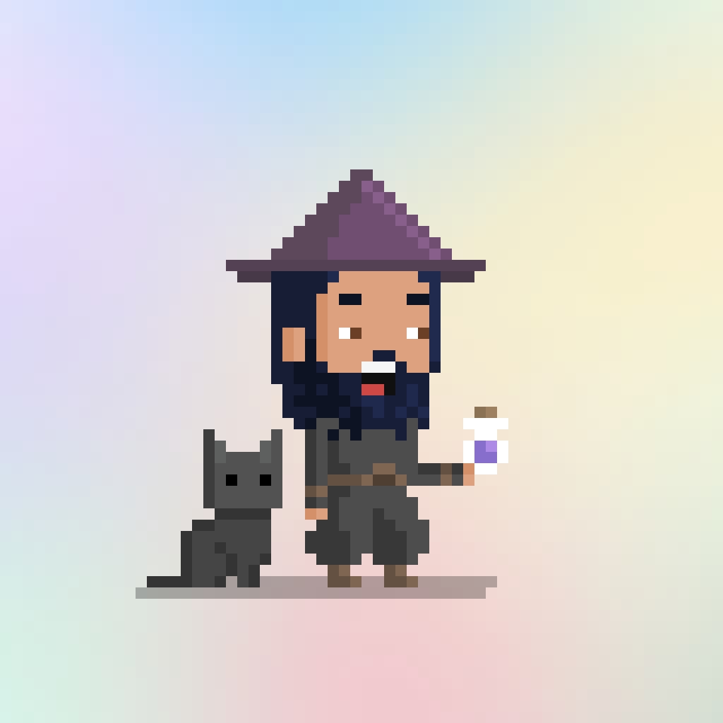 Introducing <a href="/WebWizardsNFT/">WebWizards✨</a> 421 #wwlore 

This is Simon, the wizard. With a penchant for psychedelics and a considerable collection of cats, he's seen some unusual things in his day. He's always in a state of lysergic bliss and occasionally finds himself shouting strange spells at