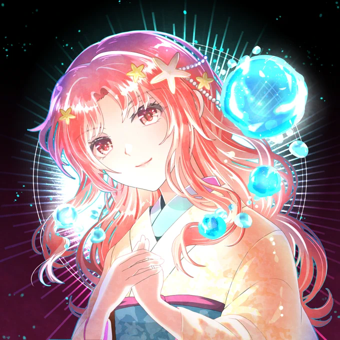 今日の作業はここまで～!天地万象の新作をこつこつ進めております…【寝る前のオリジナル絵紹介】母なる海としての温かい輝き、海ちゃんです髪の色は赤い珊瑚をイメージしていますではでは、おやすみなさい～ 