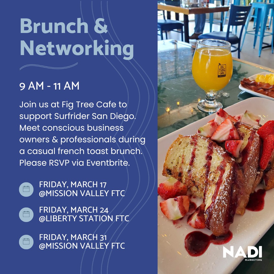 Join us for a morning of delicious french toast and valuable connections at our upcoming brunch and networking fundraiser event. RSVP via Eventbrite: eventbrite.com/o/nadi-marketi… #businessforgood #onepercentfortheplanet #sandiego