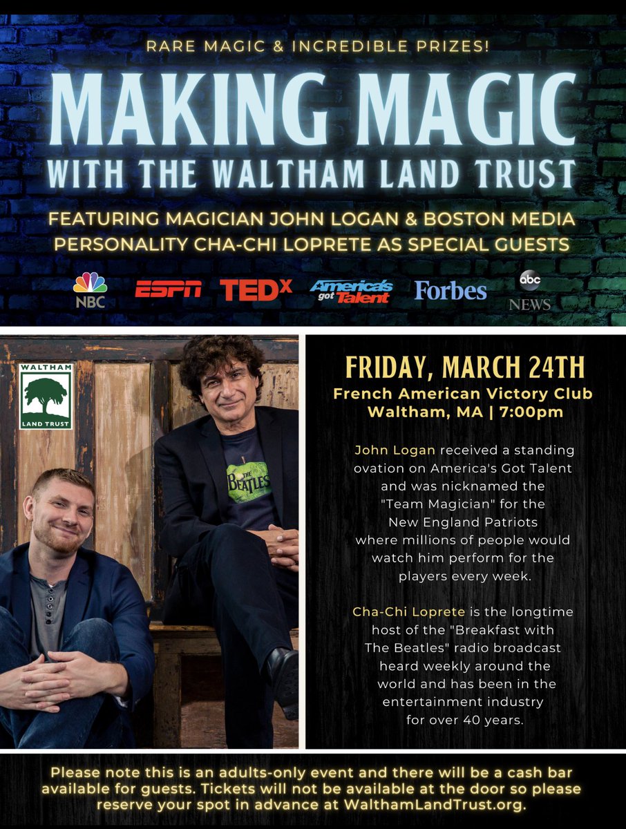 Tickets still available! Support the Waltham Land Trust in their goal to preserve open space in Waltham #walthamlandtrust #walthamopenspace #johndukelogan