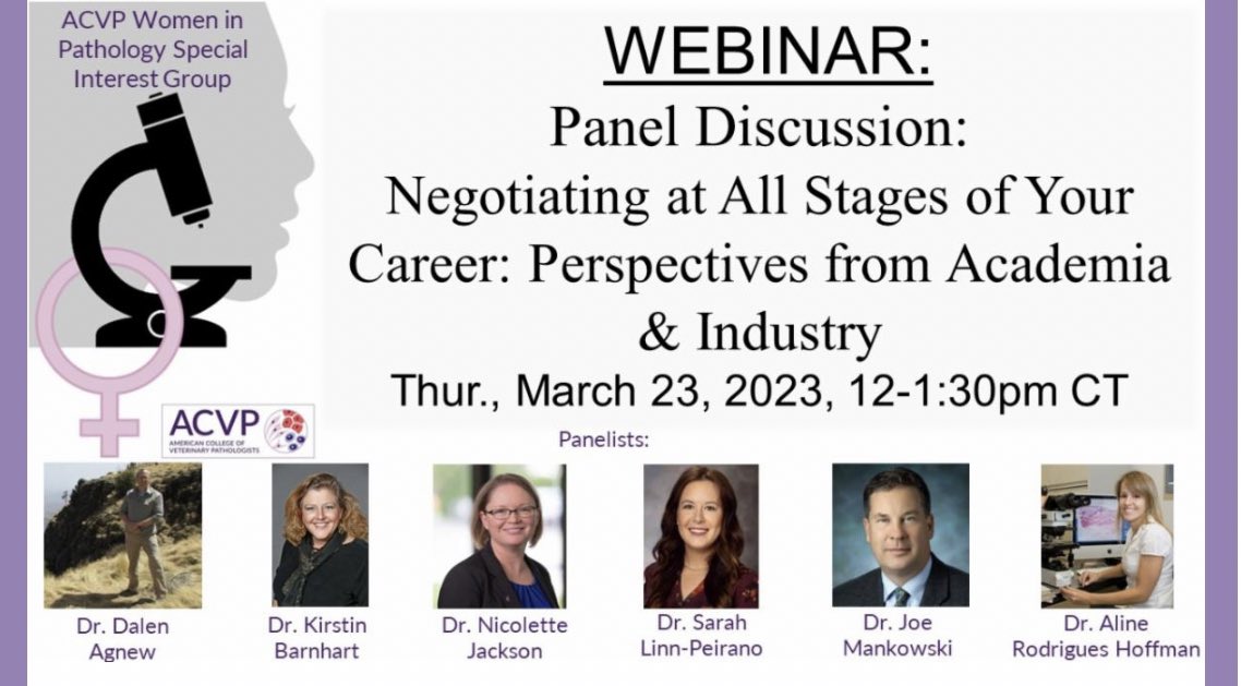 Please join us on Thursday, March 23rd (12-1:30 CT) for a session co-hosted by ACVP and the Society of Toxicologic Pathology.  

Panel Discussion: Negotiating at All Stages of Your Career: Perspectives from Academia & Industry.

Register via this link: bit.ly/3F6w8MW