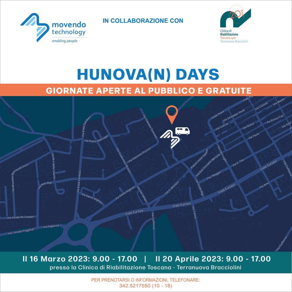 We are just a few days away from the first open day! On March 16, our hunovan will be at the CRT Terranuova Bracciolini Center offering the public a chance to try all 3 assessment index.
For reservation or information, call 342.5217550 from 10 am to 6 pm. 
#hunova #Robotics