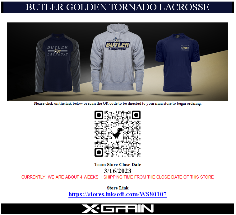 Dave Barton (@xgrain_dave) on Twitter photo New Online Store is open for Butler Lacrosse.
To order some new gear - click here: stores.inksoft.com/WS80107/shop/h… 
Request an X-Grain store for your team:  x-grain.co/team-store-req…  
<a href="/butler_high_lax/">Butler High School Lacrosse</a> <a href="/Butler_Area_SD/">Butler Area SD</a> <a href="/GTathletics1/">Butler High School Athletics</a>
#PIAA New Online Store is open for Butler Lacrosse.
To order some new gear - click here: stores.inksoft.com/WS80107/shop/h… 
Request an X-Grain store for your team:  x-grain.co/team-store-req…  
<a href="/butler_high_lax/">Butler High School Lacrosse</a> <a href="/Butler_Area_SD/">Butler Area SD</a> <a href="/GTathletics1/">Butler High School Athletics</a>
#PIAA