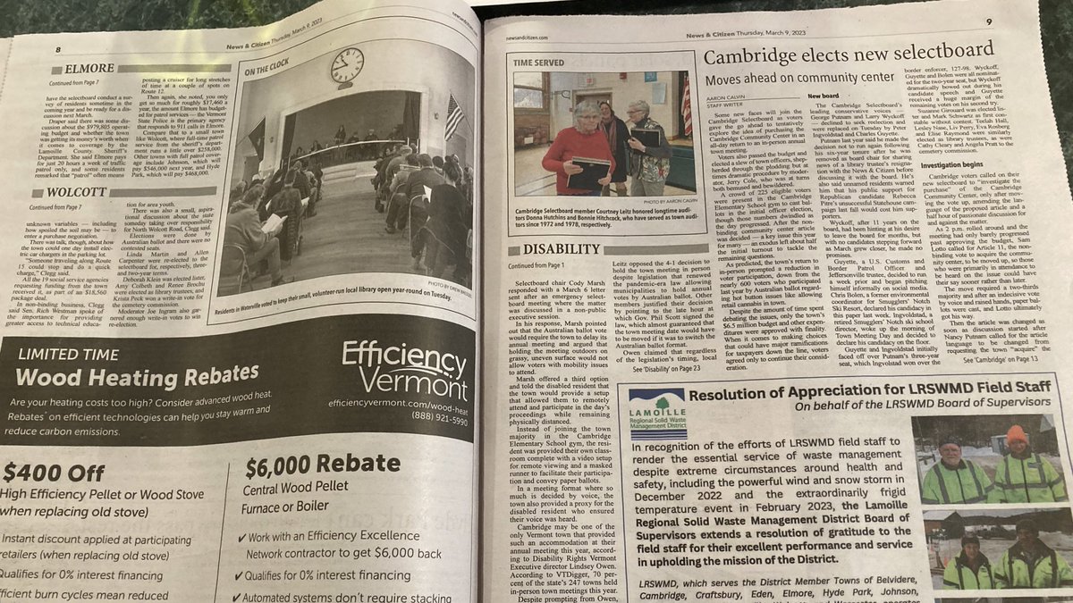 aaronpcalvin's tweet photo. Had to deal with a sick kid/ got sick in the aftermath of Town Meeting Day last week, but wanted to note our coverage in the News & Citizen. 10 towns, everything from the major budget meltdown in Morristown to tiny Belvidere’s town clerk pay #vtpoli #vtmedia https://t.co/5OryPBTcoV