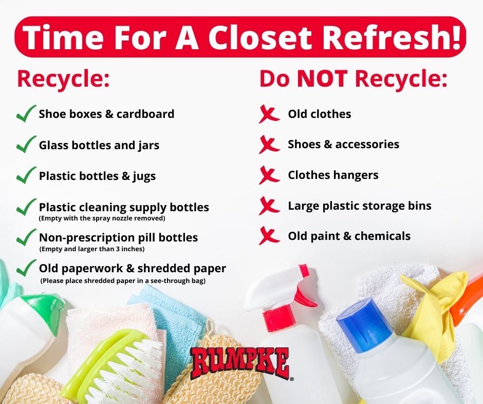 RumpkeNews's tweet photo. #NationalCleanOutYourClosetWeek has begun! Here are a few recycling reminders to start your spring cleaning on the right foot. We encourage you to donate your nonrecyclables or find a local recycle and reuse hub drop-off! #KnowYourWaste #RumpkeRecycling https://t.co/xo73pSiob6