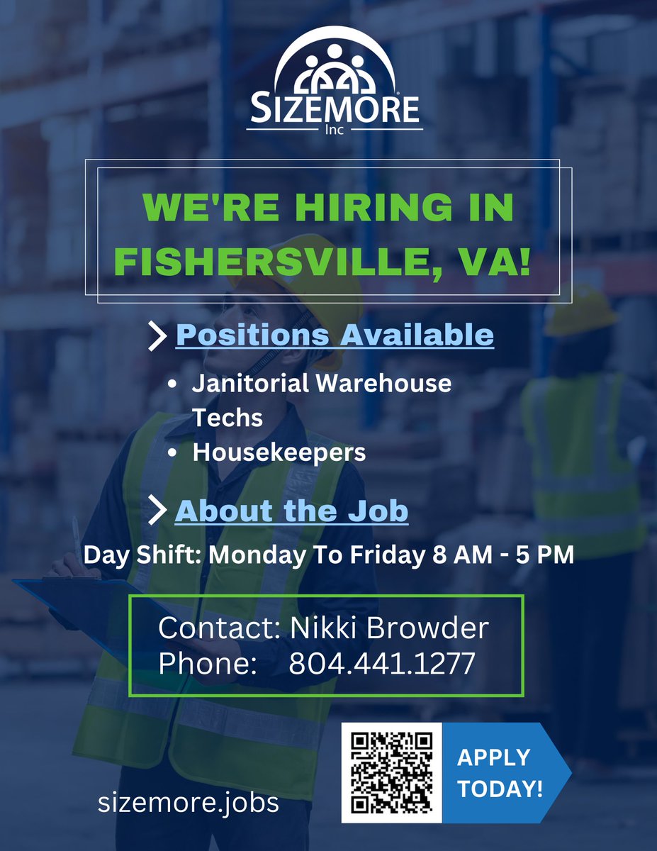 Sizemore is hiring for janitorial techs and housekeepers in Fishersville, VA!  For more information visit sizemoreinc.com
Apply here --> sizemore.jobs
#sizemoreinc #werehiring #janitorialjobs #housekeeperjobs #fishersvilleva #comeworkwithus #immediatelyhiring