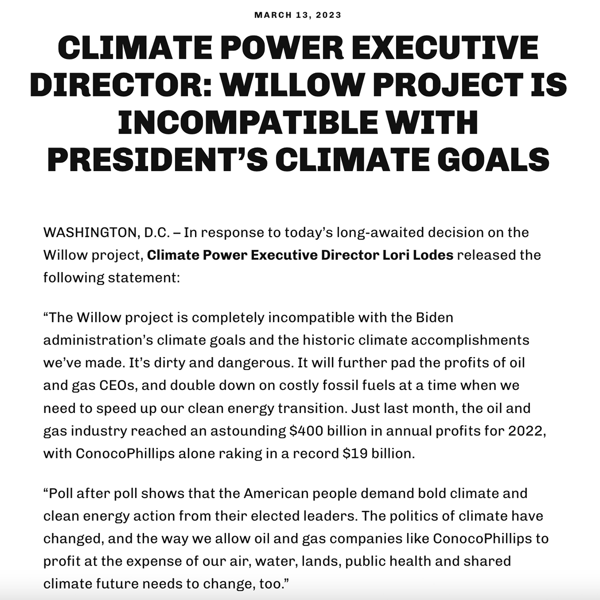 BREAKING: <a href="/Interior/">US Department of the Interior</a> just approved the Willow project.

MORE from our Executive Director @Loril on the decision that “will further pad the profits of oil and gas CEOs and double down on costly fossil fuels at a time when we need to speed up our clean energy transition.”
