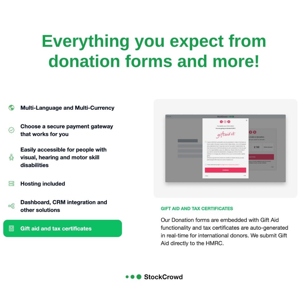 StockCrowdUK's tweet photo. Did you know our donation forms are embedded with Gift Aid functionality?  

And if you need to provide tax certificates for international donations, we've got that covered too!

Book a demo with our team today to see these features in action.

https://t.co/WS47hr4Jhe https://t.co/m2BacT4ipY