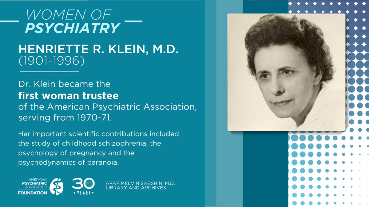 PsychFoundation's tweet photo. #WomenofPsychiatry for #WomensHistoryMonth
Dr. Henriette R. Klein (1901-1996) became the first woman trustee of @APApsychiatric in 1970. Her significant contributions include the study of childhood schizophrenia, the psychology of pregnancy and the psychodynamics of paranoia. https://t.co/44DJPdE8Jr