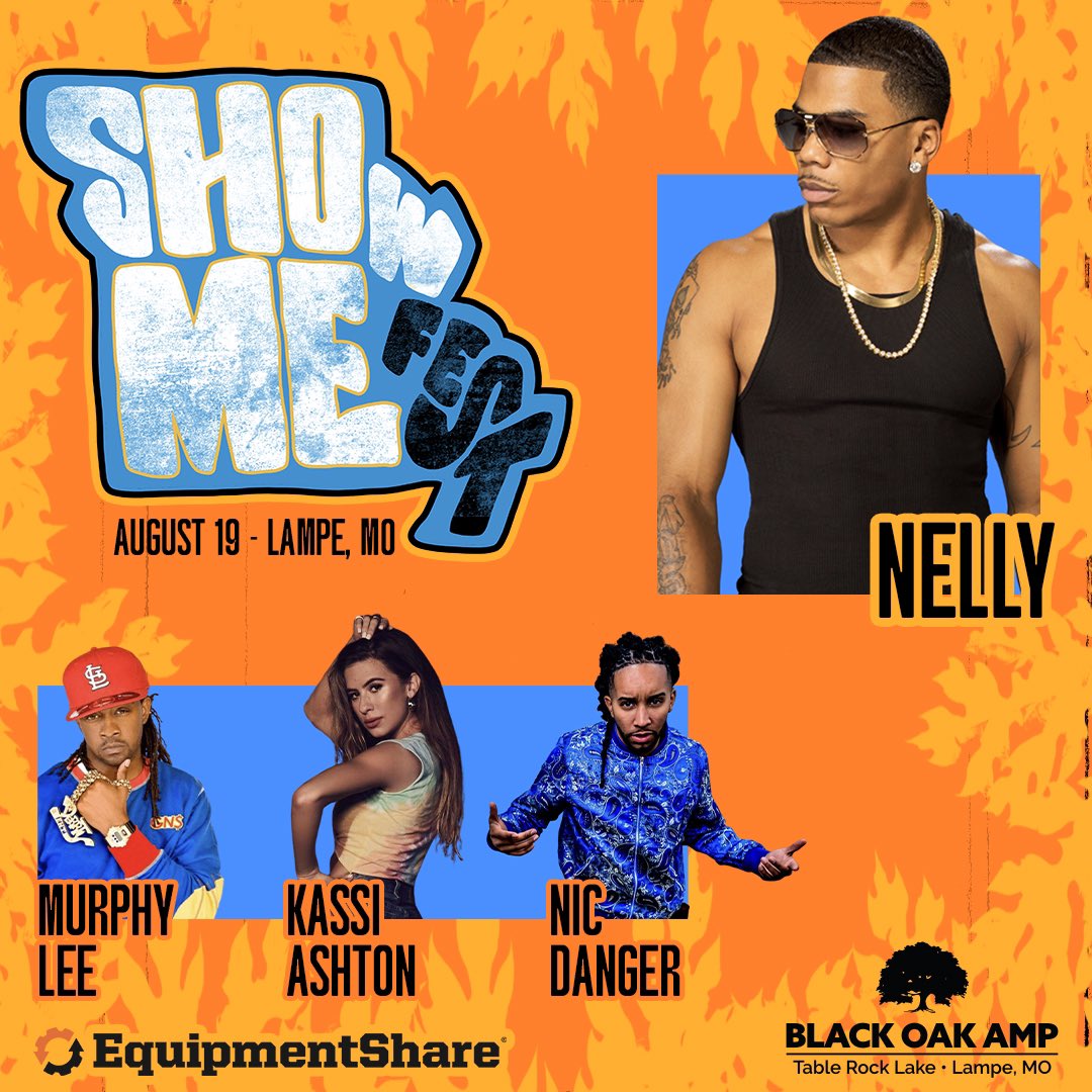 Missouri native Nelly is coming home on August 19th for #ShowMeFest with Murphy Lee <a href="/KassiAshton/">KASSI ASHTON</a> and @_NicDanger at #BlackOakAmp!  🏡 

Text "Missouri" to 417-765-0622 before this Wednesday at 10pm CT for the chance to win a pair of tickets to the show. 🎟 Tickets on sale Friday!