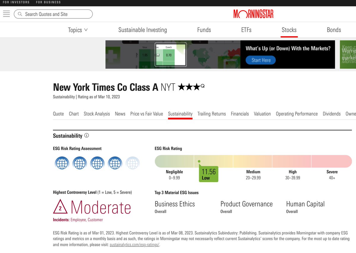 sjsheppa's tweet photo. Love the clear explanation of #ESG arguements for and against. But @dgelles, you left out the leading ESG raters! Here's the @MorningstarInc @Sustainalytics ESG rating for NYT Co. @mikiebarb https://t.co/Wr4oq5bSlL