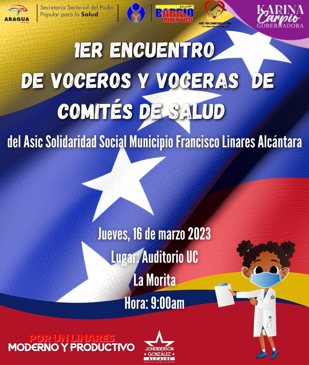 Cumpliendo con el Pdte <a href="/NicolasMaduro/">Nicolás Maduro</a>
y nuestra Min. <a href="/MagaGutierrezV/">Magaly Gutiérrez Viña</a>
y la autoridad en Salud del Estado <a href="/DraShirleySalud/">Dra. Shirley Hernández</a>
realizaremos este jueves el primer encuentro de vocerxs de Salud.
Gracias al Alcalde Rebelde @JohendersonMrt
por su apoyo en todo este proceso
#ChávezDelMundo