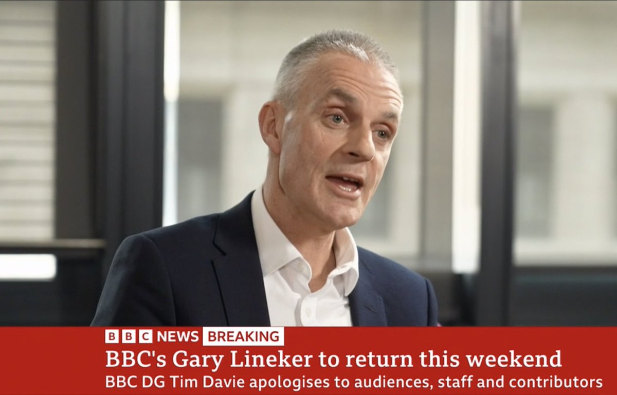 "I think I've acted in the right way throughout this," says Tim Davie, who insisted that Gary Lineker had to step aside, then reinstated him just three days later after apologising to him.