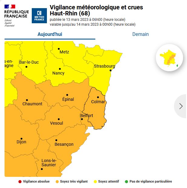 Préfet du Haut-Rhin (@prefet68) on Twitter photo Info <a href="/meteofrance/">Météo-France</a>
Le #HautRhin est placé en vigilance orange orages 🌩
Des orages sont attendus ce jour, lundi 13 mars, à partir de 16h00
⚠ Risques de fortes pluies, de grêle, et de rafales de vent pouvant atteindre les 80km/h.
👉 vigilance.meteofrance.fr/fr/haut-rhin Info <a href="/meteofrance/">Météo-France</a>
Le #HautRhin est placé en vigilance orange orages 🌩
Des orages sont attendus ce jour, lundi 13 mars, à partir de 16h00
⚠ Risques de fortes pluies, de grêle, et de rafales de vent pouvant atteindre les 80km/h.
👉 vigilance.meteofrance.fr/fr/haut-rhin