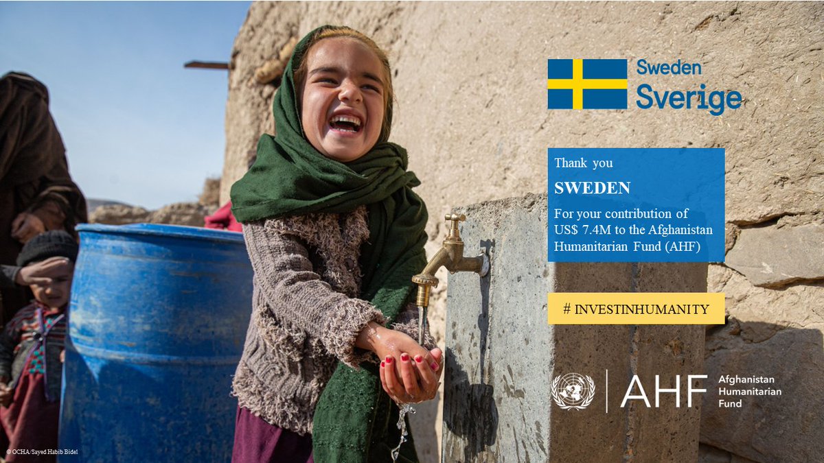 OCHAAfg's tweet image. Thank you🙏Sweden 🇸🇪

Sweden’s very generous contribution to the #Afghanistan Humanitarian Fund constitutes the first donor support received in 2023. It enables continuation of live-saving assistance, for all people of Afghanistan, and those needing it most. 

 #InvestInHumanity