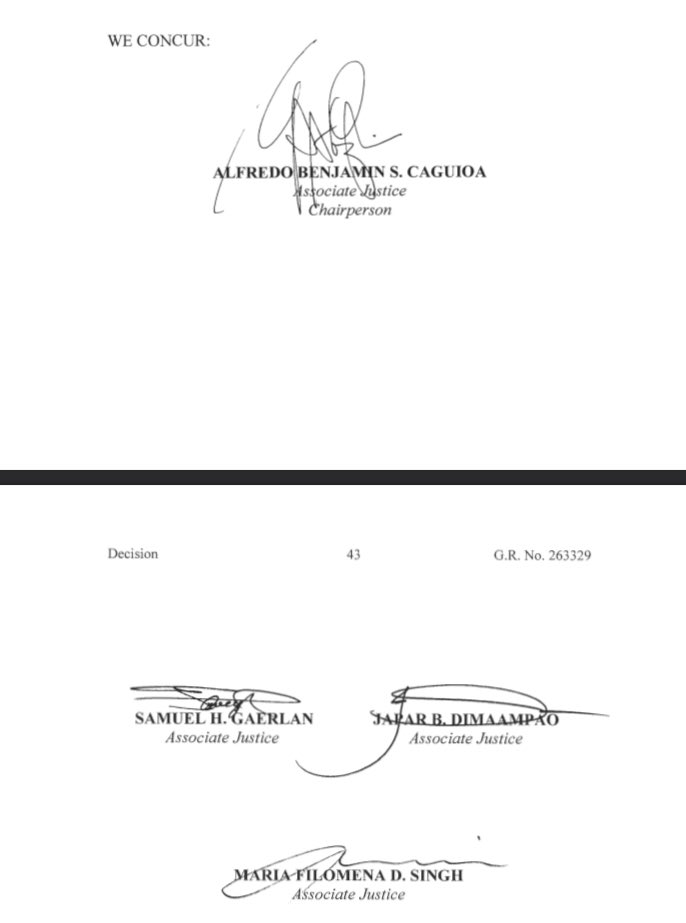 @mikenavallo All 5 SC magistrates voted in favor of ordering the dismissal of the cases vs Navarro. Decision was penned by Assoc Justice Henri Jean Paul Inting and concurred in by Justices Alfredo Benjamin Caguioa, Samuel Gaerlan, Japar Dimaampao and Maria Filomena Singh. | via @mikenavallo