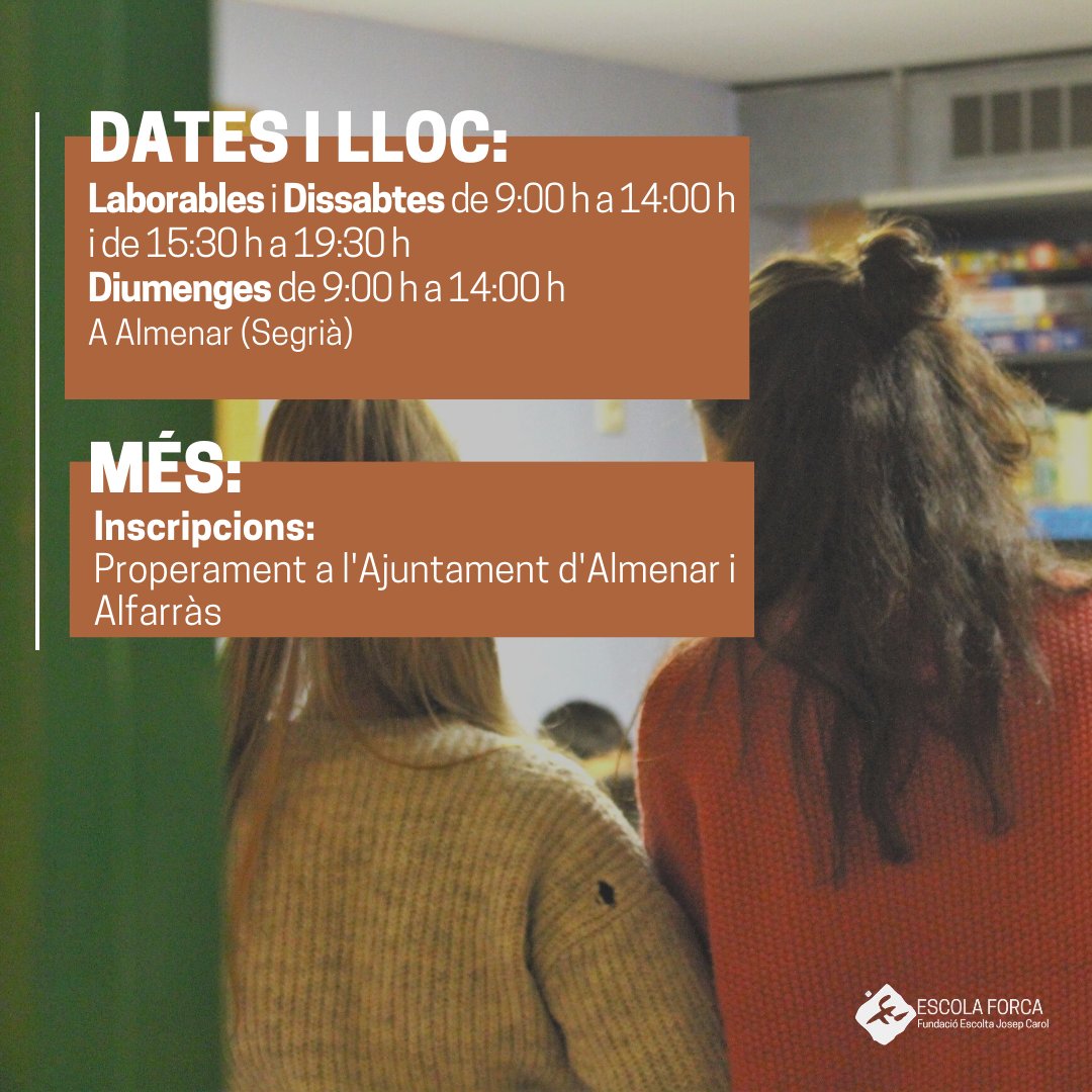FundacioEJC's tweet photo. #EscolaForca | 📢Obrim inscripcions pel curs de monis d'Almenar

🗓️ Intensiu de primavera
📍A Almenar, al Segrià
🔗https://t.co/xvkAVf2fyt

@jovesegria #cursdemonis #educarpertransformar #educaciolleure #escolaforca #segrià #ALMENAR https://t.co/6x88lYPsqQ
