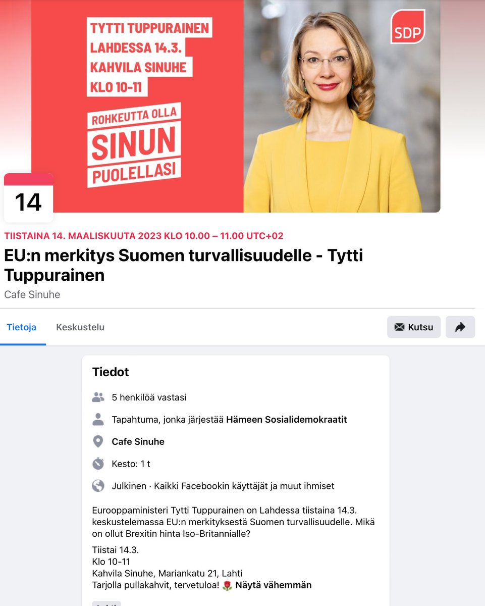 LahdenDemarit's tweet photo. Ministeri Tuppurainen tavattavissa Marinkadun Sinuhessa huomenna ti 14.3. klo 10-11. Aiheena EU:n merkitys Suomen turvallisuudelle. Kahvitarjoilu! 
Linkki tapahtumaan: 
https://t.co/ayu0umND77 https://t.co/yYOm89S45Y