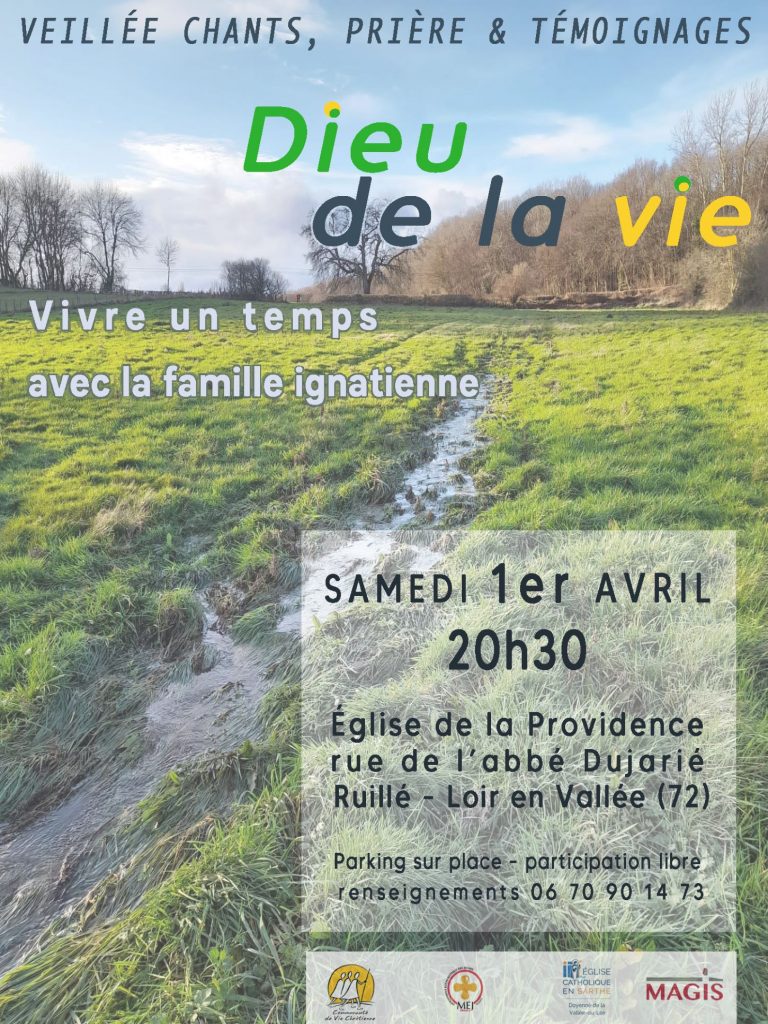 Vivre un temps avec la famille ignatienne le 1er avril à 20h30 🕗près du Mans. 
Au programme une soirée veillée 🕯️chants, prière🙏 et témoignages. 
👉Elle se tiendra à l’Eglise de la Providence à Loire en Vallée (72)⛪️.