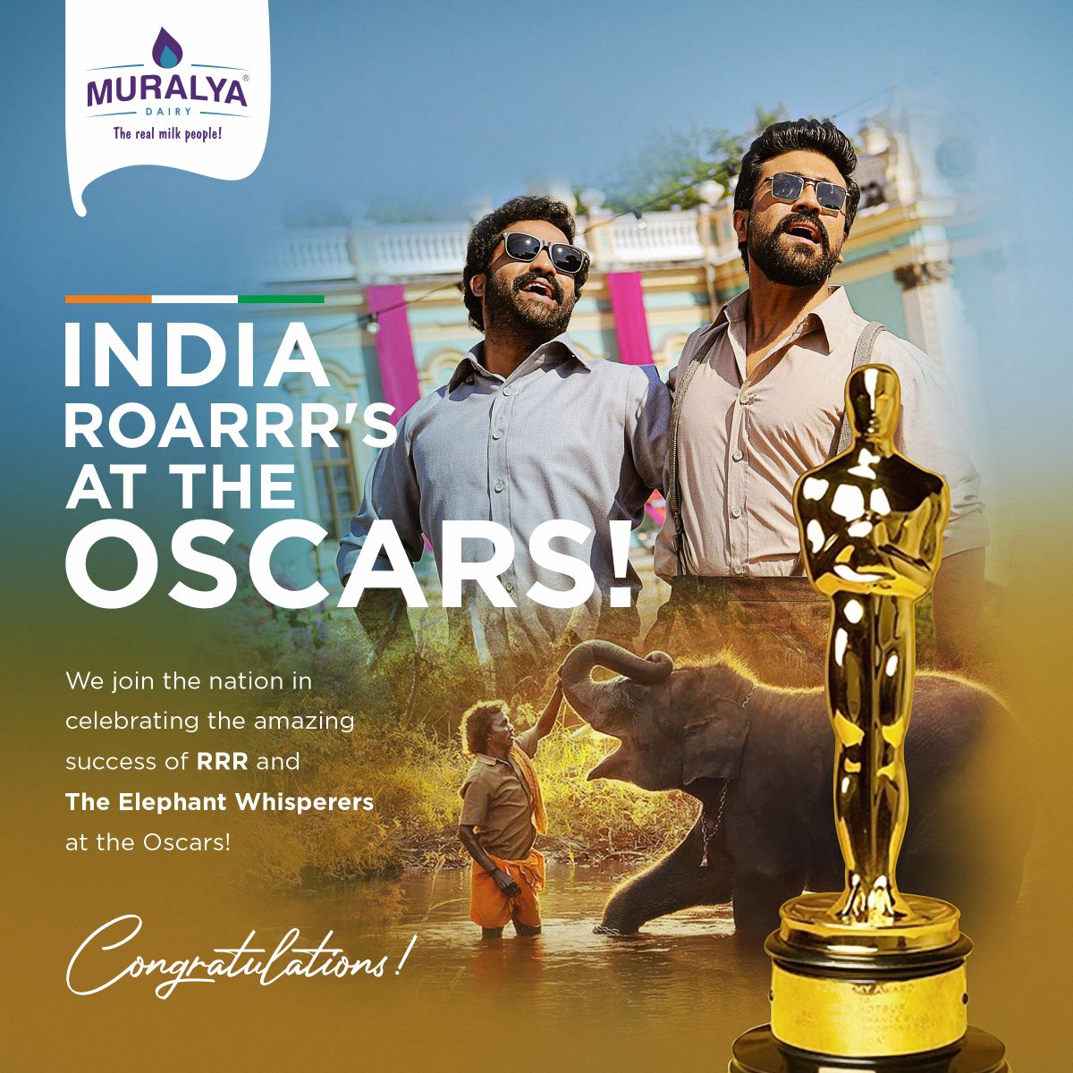 muralyadairy's tweet photo. We extend our heartiest congratulations to the team of RRR and The Elephant Whisperers on winning the Oscars for the Best Original Song and the Best Documentary Short Subject respectively.
.
.
.
#Muralya #MuralyaDairy #QualityUnd #RRR #MMKeeravani #CHandrabose #NTR #RamCharan https://t.co/lPj7tibaEl
