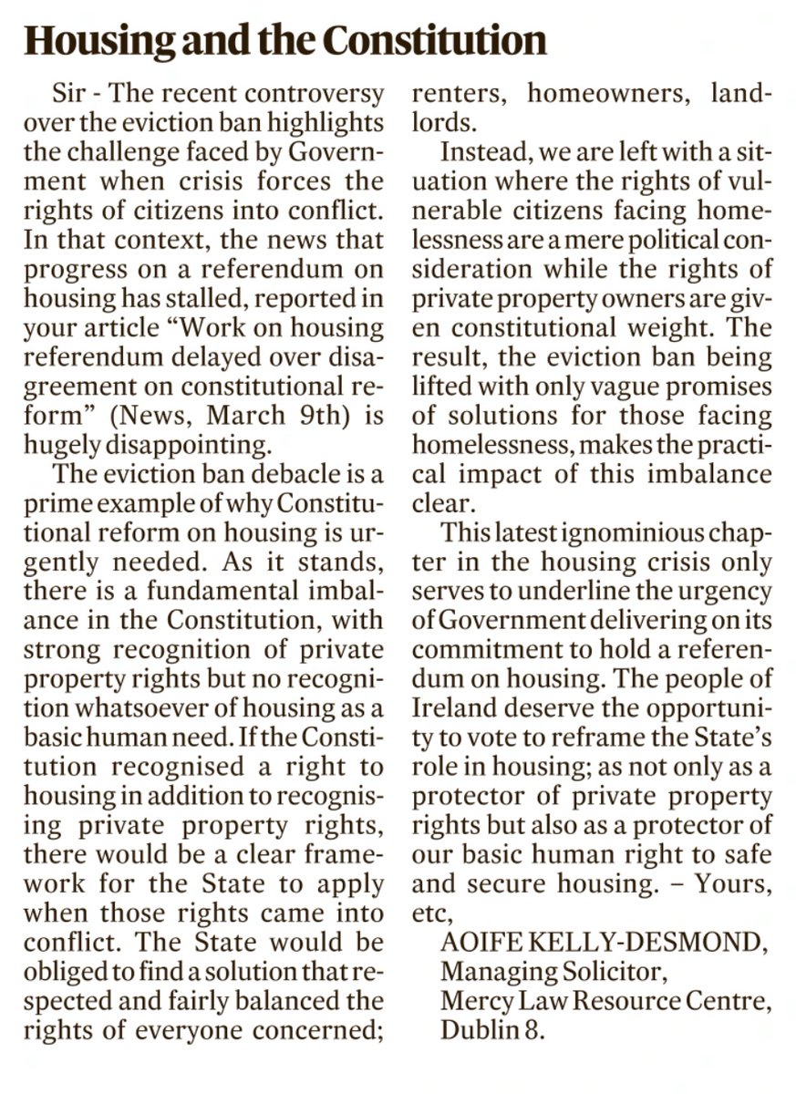 MLRCLaw's tweet image. MLRC Managing Solicitor Aoife Kelly-Desmond, in @ITletters, explains why a constitutional reform on housing is essential to protect the basic human right to safe and secure housing. 
#righttohousing #homelessness