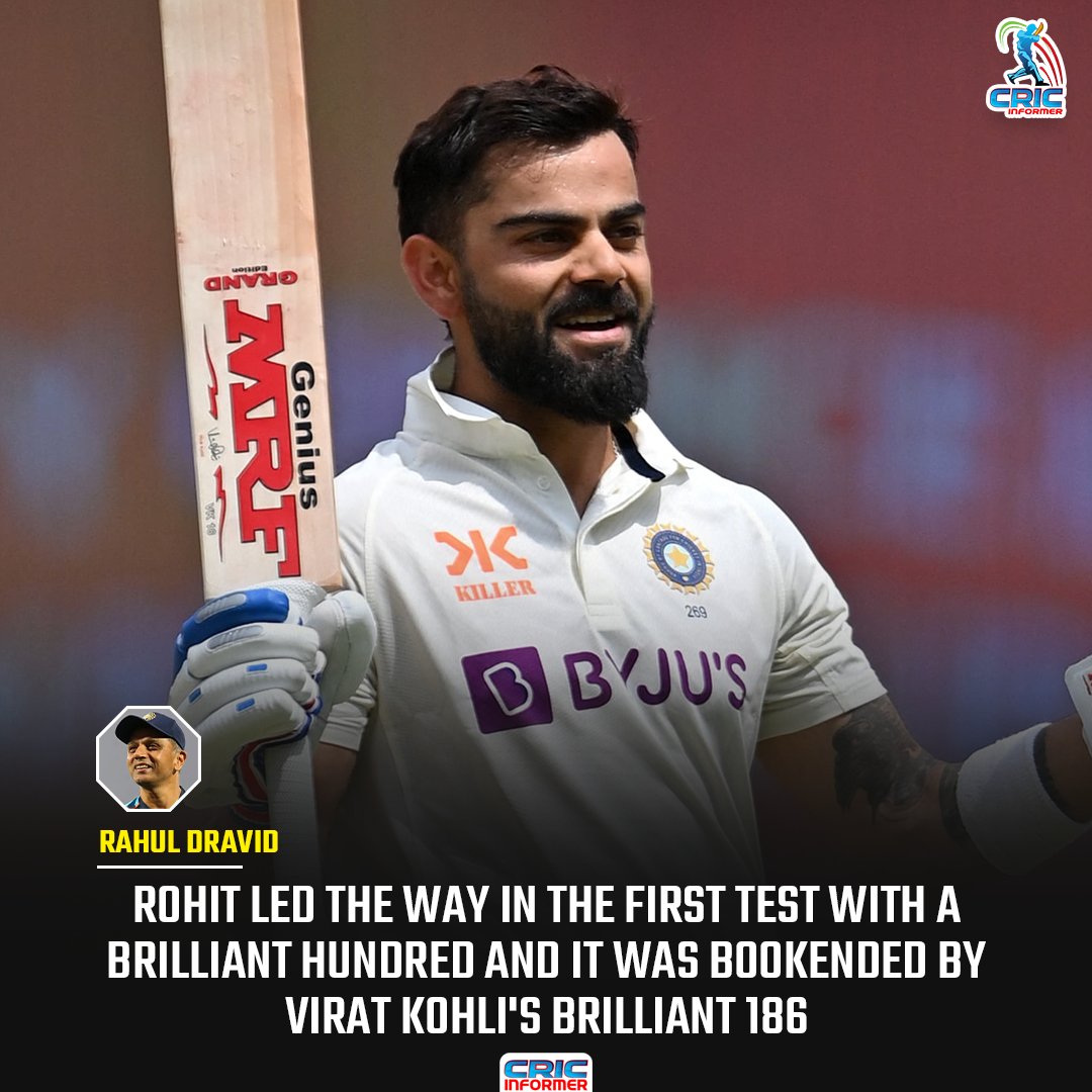 Rahul Dravid said, 'Rohit led the way in the first test with a brilliant hundred and it was bookended by Virat Kohli's brilliant 186.'

#ViratKohli𓃵 #RohitSharma𓃵 #INDvsAUSTest #BGT23 #cricket #CricketTwitter #wtcfinal #WTC2023 #TestCricket