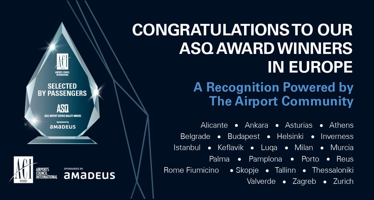 ACI World (@aciworld) on Twitter photo Congrats to #ASQAwards winners for <a href="/ACI_EUROPE/">ACI EUROPE</a> region!
<a href="/aena/">Aena</a> <a href="/Hial_Airports/">Highlands & Islands Airports</a> <a href="/TAVairports/">TAV Airports</a> <a href="/TLLairport/">Tallinn Airport</a> <a href="/ZagrebAirport/">Zagreb Airport</a> <a href="/VINCI/">VINCI</a> <a href="/isavia/">Isavia</a> <a href="/Maltairport/">Malta International Airport</a> <a href="/MilanBergamoBGY/">MilanBergamoAirport</a> <a href="/budairport/">Budapest Airport</a> <a href="/HelsinkiAirport/">Helsinki Airport</a> <a href="/ATH_airport/">Athens Airport</a> <a href="/PalmaAirport1/">Palma Airport</a> <a href="/zrh_airport/">Zurich Airport</a> <a href="/AeroportidiRoma/">Aeroporti di Roma</a> <a href="/igairport/">iGA Istanbul Airport</a> Congrats to #ASQAwards winners for <a href="/ACI_EUROPE/">ACI EUROPE</a> region!
<a href="/aena/">Aena</a> <a href="/Hial_Airports/">Highlands & Islands Airports</a> <a href="/TAVairports/">TAV Airports</a> <a href="/TLLairport/">Tallinn Airport</a> <a href="/ZagrebAirport/">Zagreb Airport</a> <a href="/VINCI/">VINCI</a> <a href="/isavia/">Isavia</a> <a href="/Maltairport/">Malta International Airport</a> <a href="/MilanBergamoBGY/">MilanBergamoAirport</a> <a href="/budairport/">Budapest Airport</a> <a href="/HelsinkiAirport/">Helsinki Airport</a> <a href="/ATH_airport/">Athens Airport</a> <a href="/PalmaAirport1/">Palma Airport</a> <a href="/zrh_airport/">Zurich Airport</a> <a href="/AeroportidiRoma/">Aeroporti di Roma</a> <a href="/igairport/">iGA Istanbul Airport</a>
