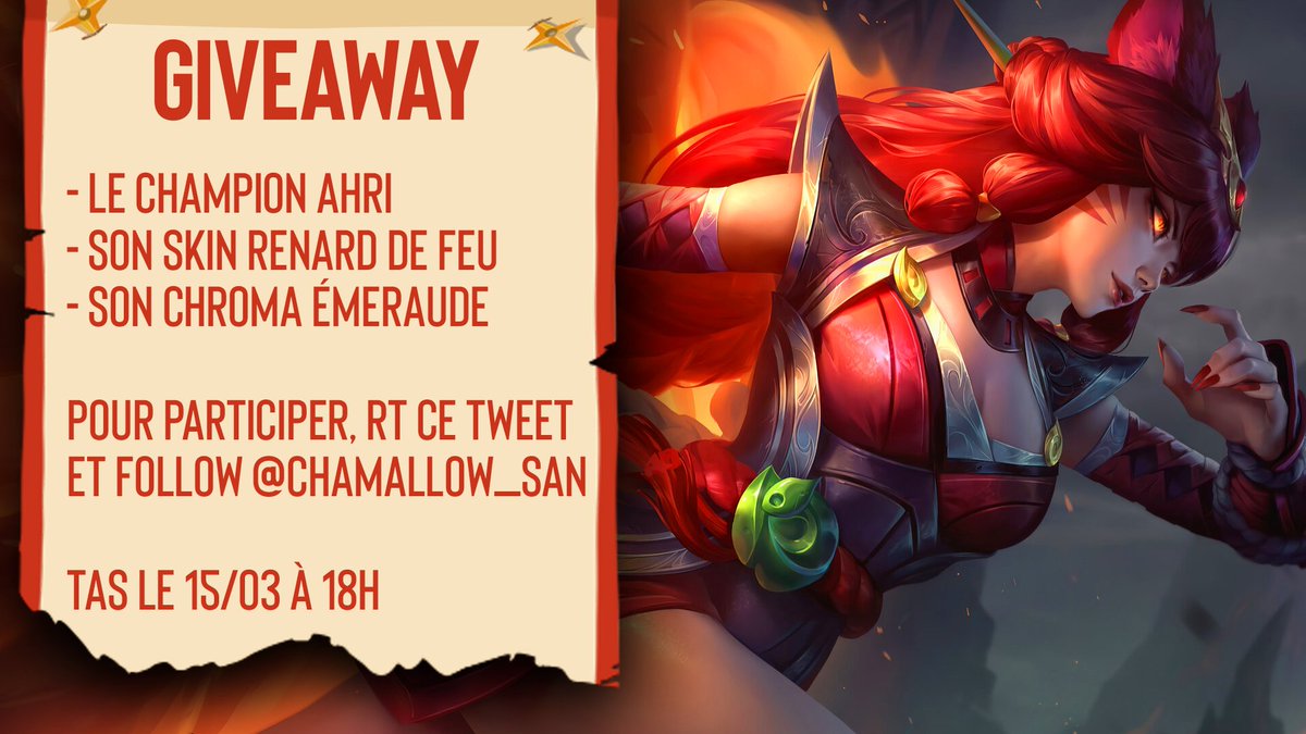 chamallow_san's tweet photo. GIVEAWAY🎁

10 packs Ahri Renard de feu à gagner !
Pour participer, RT + Follow @chamallow_san !

TAS le 15/03 à 18h (désolé je m'y prend tard)

#Leaguepartner https://t.co/QGLTQGqCtj