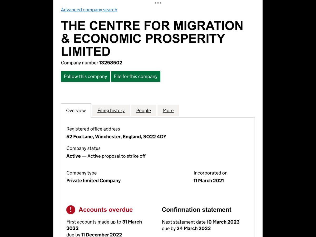 @docrussjackson Accounts are overdue for this bunch, “THE CENTRE FOR MIGRATION & ECONOMIC PROSPERITY LIMITED” which is basically a right wing anti immigration “think tank” funded by God knows who. Steven Woolfe is the only Director.