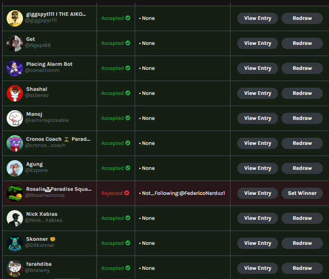 🏆Giveaway Winners <a href="/ParadiseSquare1/">Paradise Square 🏝️ 94% MINTED🔥</a>

 Winner: 

🏆 50x CRO  <a href="/giggspyt111/">giggspyt111 - $PLTR BULL #CROFAM</a> 
🏆 10x WL <a href="/Ngepi69/">Get</a> &amp; @conectionm &amp; <a href="/stbereo/">ˋ nau ⭐ 🍓</a> &amp; <a href="/iamirreplceable/">manoj🐍🪙👑🎩</a> &amp; <a href="/cronos_coach/">Cronos Coach 🏝️ Paradise Square Founder</a> &amp; <a href="/Ezpone/">Saman jr. |</a> &amp; <a href="/Nick_Xabias/">Nick Xabias ၊||၊ DeSpeed ၊||၊ Flow3 Network 🌐</a> &amp; <a href="/DSkonner/">DSkonner 🦅🟠$FF base.eth</a> &amp; <a href="/braiwny/">Ceyy</a> 

✅ (Giveaway winners have 24 hours to contact 
<a href="/ParadiseSquare1/">Paradise Square 🏝️ 94% MINTED🔥</a> )
Thank you!!