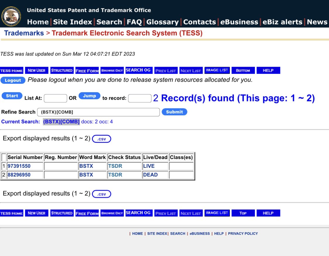 nono_atto's tweet image. 最初の@BSTXLLC の商標はSOUが提出できず、2022年9月5日に放棄。
2022年5月に新しく申請されていた商標に対して2023年2月23日に通知されたNonfinal office actionへの回答の有無で、今後のBSTX運用の方向性が推測できそうです。
現時点でBSTXの商標は登録できていないと思われます。

#tZERO #BSTX