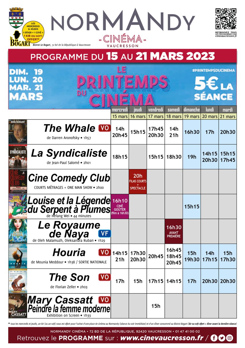 cinevaucresson's tweet photo. #cettesemaine #Vaucresson #HautsdeSeine 🤩 Bientôt le @printempsducine 🌸 ! #TheWhale avec #BrendanFraser #Oscars  #meilleuracteur 🏆. 
#coupdecœur ❤️ pour #Houria de #MouniaMeddour (#Papicha) avec #LynaKhoudri en #sortienationale. Mais aussi #TheSon, #LaSyndicaliste ... https://t.co/EopX7bPCCi
