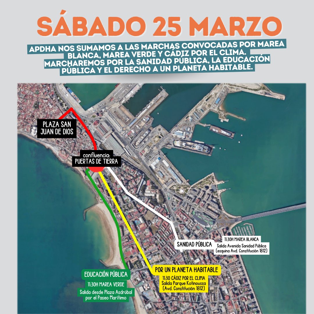 APDHACadiz's tweet photo. CÁDIZ | MARCHA 25 MARZO

En #APDHA nos sumamos a las marchas convocadas por Marea Blanca, Marea Verde y Cádiz por el Clima. Marcharemos por la #SanidadPública, la #EducaciónPública y el derecho a un #PlanetaHabitable.

TU PARTICIPACIÓN ES IMPRESCINDIBLE‼️ https://t.co/E9uFGJlw22