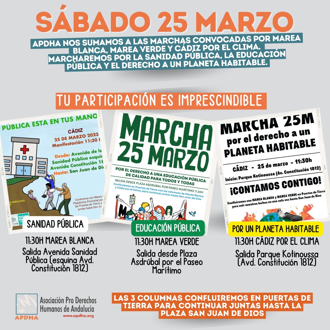 APDHACadiz's tweet photo. CÁDIZ | MARCHA 25 MARZO

En #APDHA nos sumamos a las marchas convocadas por Marea Blanca, Marea Verde y Cádiz por el Clima. Marcharemos por la #SanidadPública, la #EducaciónPública y el derecho a un #PlanetaHabitable.

TU PARTICIPACIÓN ES IMPRESCINDIBLE‼️ https://t.co/E9uFGJlw22