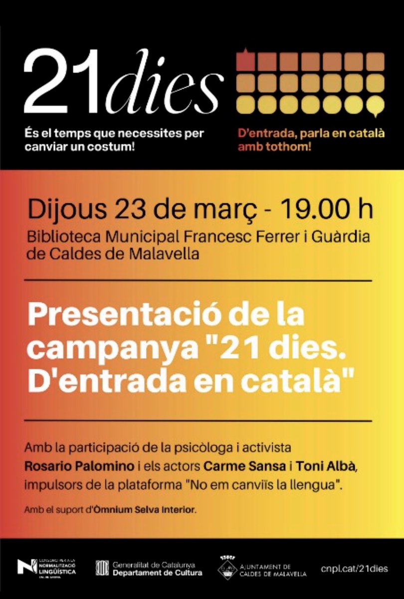 Des de l’equip de “No em canviïs la llengua” us convidem a que ens acompanyeu el Dijous 23 de Març a Caldes de Malavella. 
#NoEmCanviïsLaLlengua 
<a href="/CarmeSansa/">Carme Sansa i Albert</a> <a href="/tonialba/">TONI ALBÀ ||*||</a> <a href="/matthewtree/">Matthew Tree</a> <a href="/rosariopalomi71/">Rosario Palomino Otiniano</a>