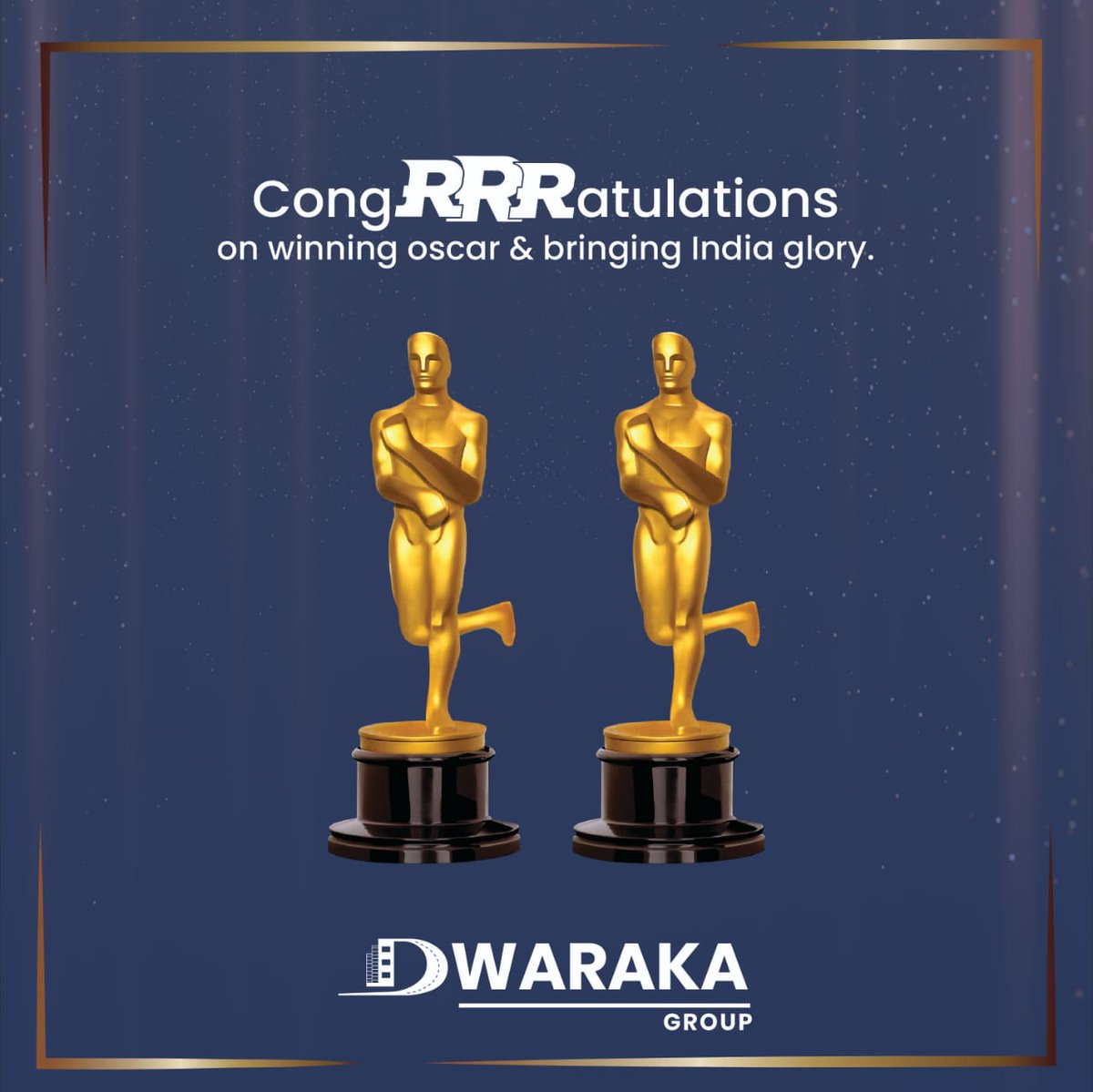 Dwarakaoffice's tweet photo. Congratulations to the entire team of #RRRMovie for winning the prestigious Oscar Award!
#RRROscarWin #IndianCinema #ProudMoment #Congratulations #TeamWork #HardWorkPaysOff #ramcharan #ntr #rajamouli #mmkeeravani #chandrabose #proudmoment #telugucinema #naatunaatu https://t.co/JK3OYLknBr