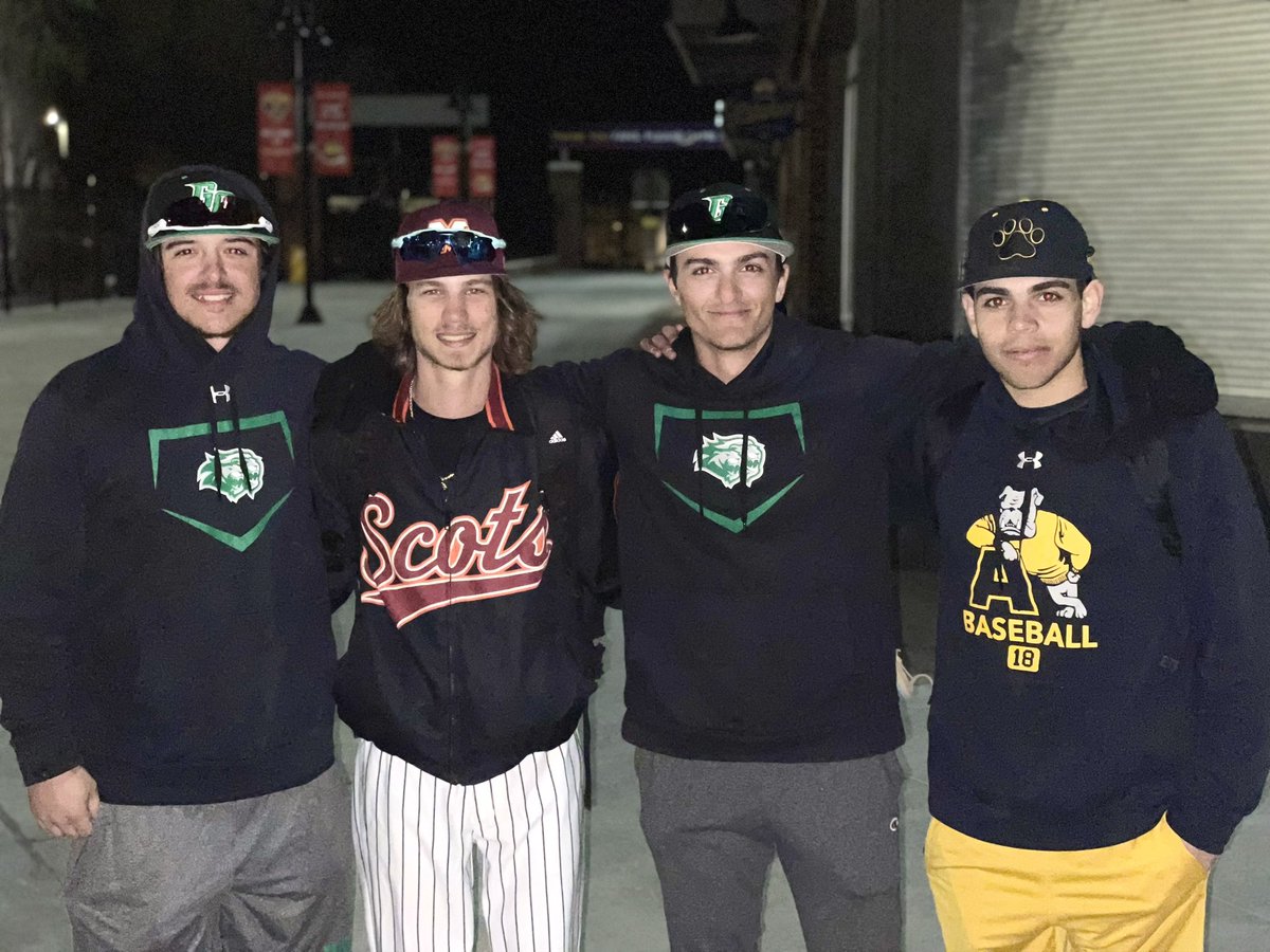 4 former Gryphons, Avery Bishop, Kyle Timko, Alex Trepper, and Adrian Gutierrez meet in college uniforms for a weekend tournament series in High Point, NC! #Gryphonpride #AlwaysGryphons