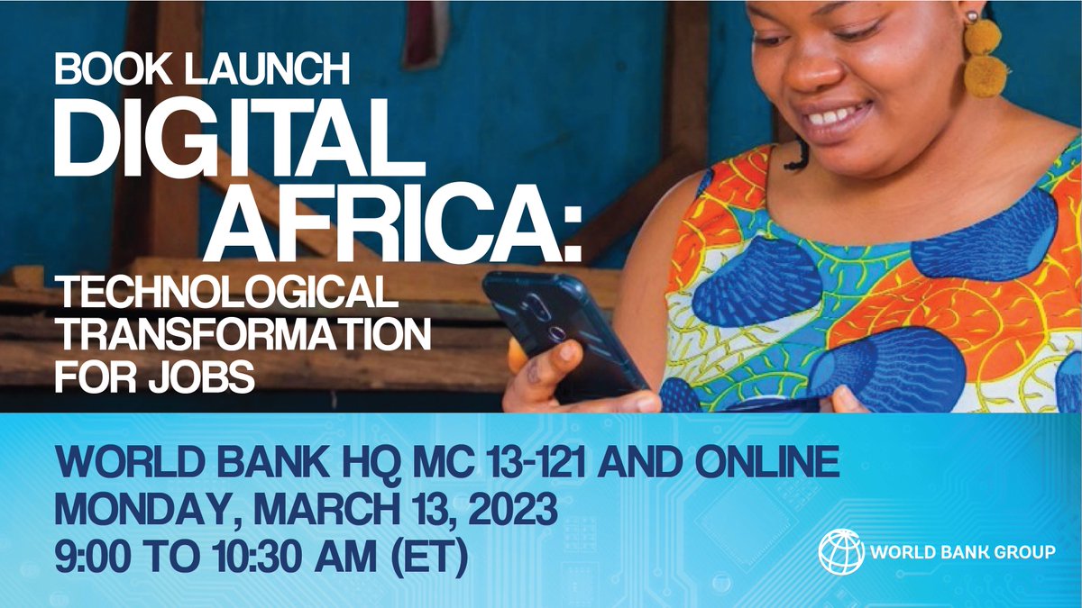 WBG_Digital's tweet image. ⏰ Today

What will make #DigitalTech more useful for people, jobs &amp;amp; businesses in #Africa?

Join us for the launch of a new @WorldBank publication on fostering #TechnologicalTransformation to transform economies &amp;amp; create jobs in #Africa. wrld.bg/I2v550NfH1g #Digital4All
