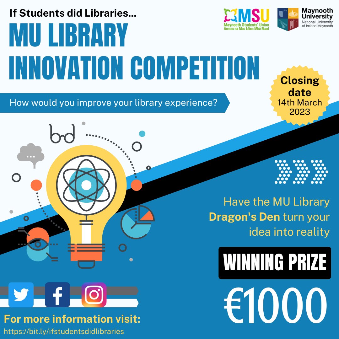 library_MU's tweet photo. 24 hours until the deadline!
We want to know how you would improve your library experience. What ideas do you have that would improve the Library? For more information: https://t.co/SZ6DIBDxBa
#IfStudentsDidLibraries https://t.co/KhXz2Hbj1Y