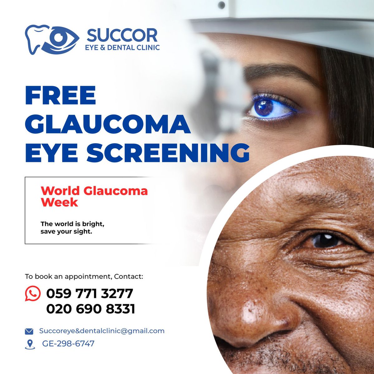 SuccorEnD's tweet photo. Visit Succor Eye and Dental Clinic TODAY and all through the month of March for free glaucoma eye screening. We are located at Haatso, right above the Ecobank office. We are ready to attend to you.
#GlaucomaWeek2023 
#FreeEyeScreening
#Eyecare 
#EyeClinic https://t.co/vpW0NALDsX