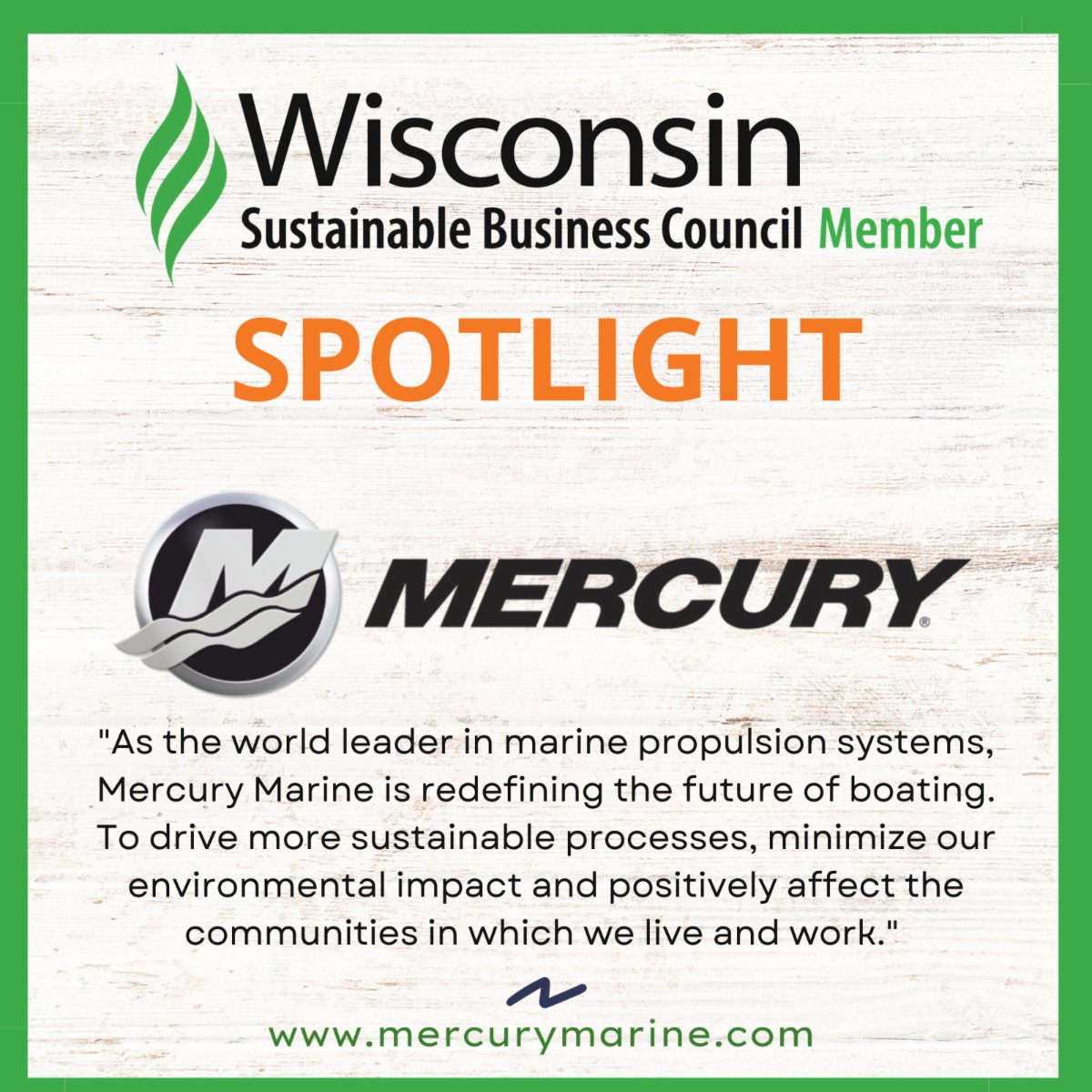 Happy #MemberMonday to #MercuryMarine! With unwavering commitment to sustainability spanning decades and many industry recognitions, including as a WSBC Green Master. We are thrilled to work with Mercury to minimize impact and reach its goals! Join WSBC! conta.cc/3AigiuU