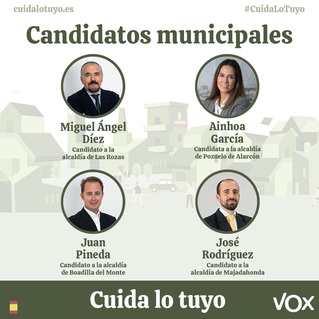 📣 Nos complace comunicar que ya se han designado los siguientes candidatos a las alcaldías de #LasRozas, #PozueloDeAlarcón, #BoadillaDelMonte y #Majadahonda

🇪🇸 Cuidemos lo nuestro, #CuidaLoTuyo.

#A76días