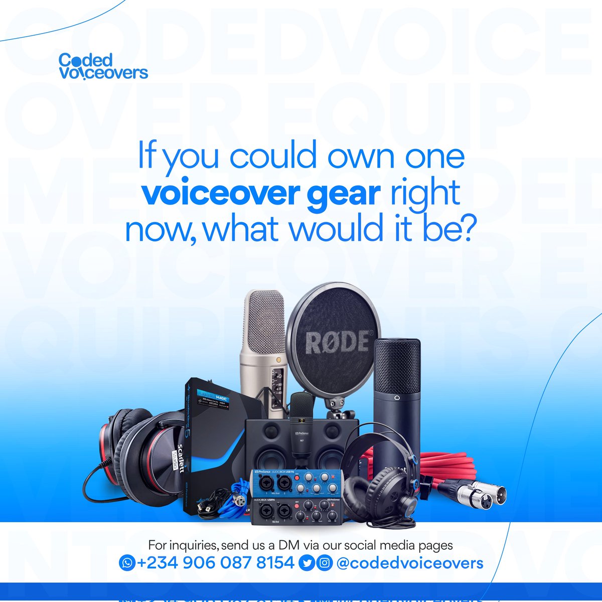 CodedVoiceovers's tweet photo. If you're a voice actor, you know that having the right gear is essential for creating high-quality voiceovers. So we want to know: if you could own one voiceover gear, what would it be?
#voiceover #voiceoverartist #voiceovergear #voiceoverlife #codedvoiceovers https://t.co/GqLyEWYyeG