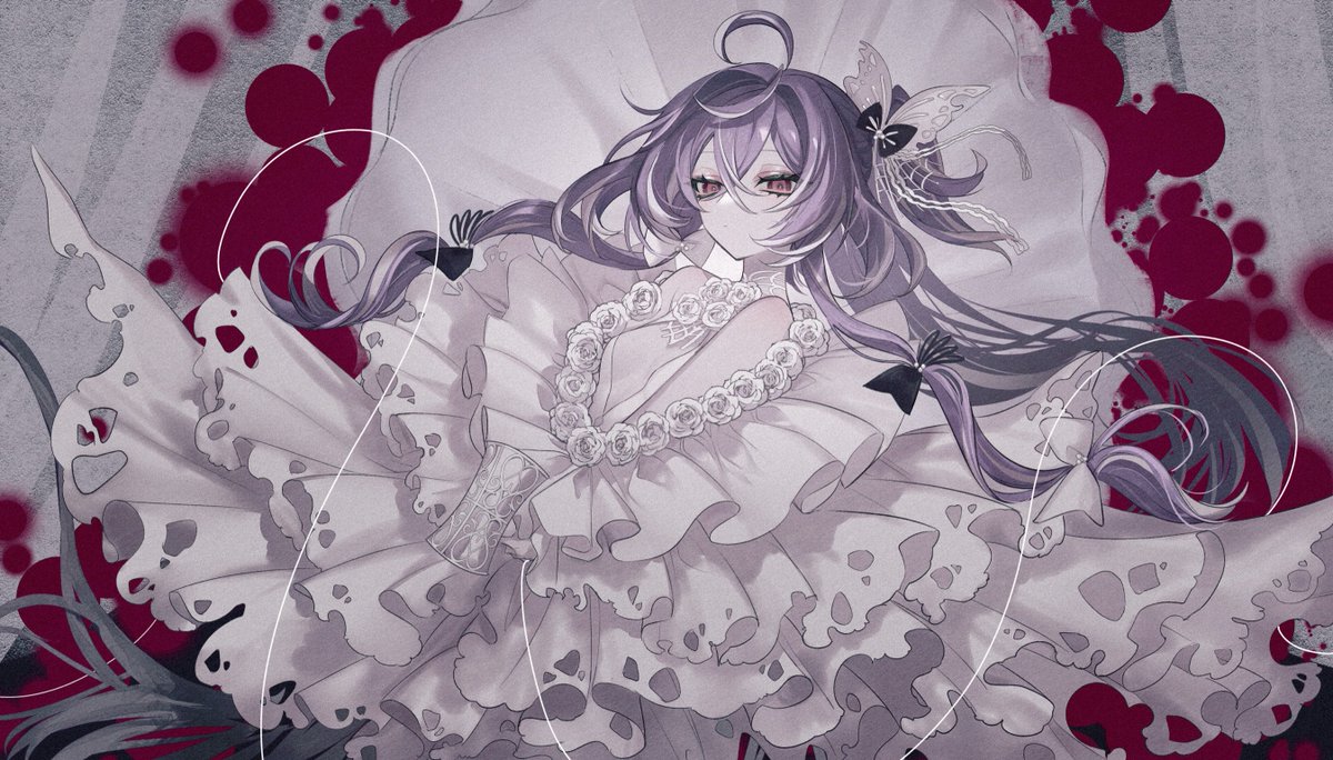 1girl dress solo long hair purple hair white dress ahoge  illustration images