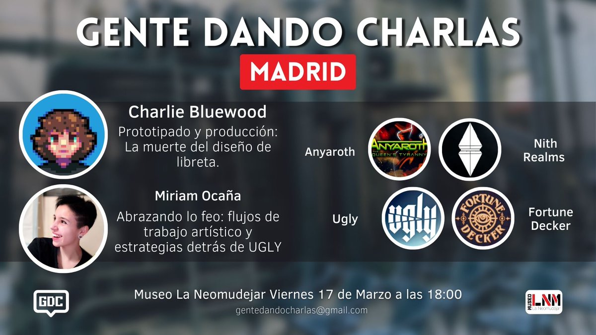 gdc_charlas's tweet photo. NOS VEMOS ESTE VIERNES EN GENTE DANDO CHARLAS MADRID!

📅 Viernes 17 a las 18:00 
📍@LaNeomudejar (Madrid)

¡Os esperamos! 😄
#indiedev #videojuegos #gamedev #GDC #Madrid https://t.co/qp0RWhBtUA